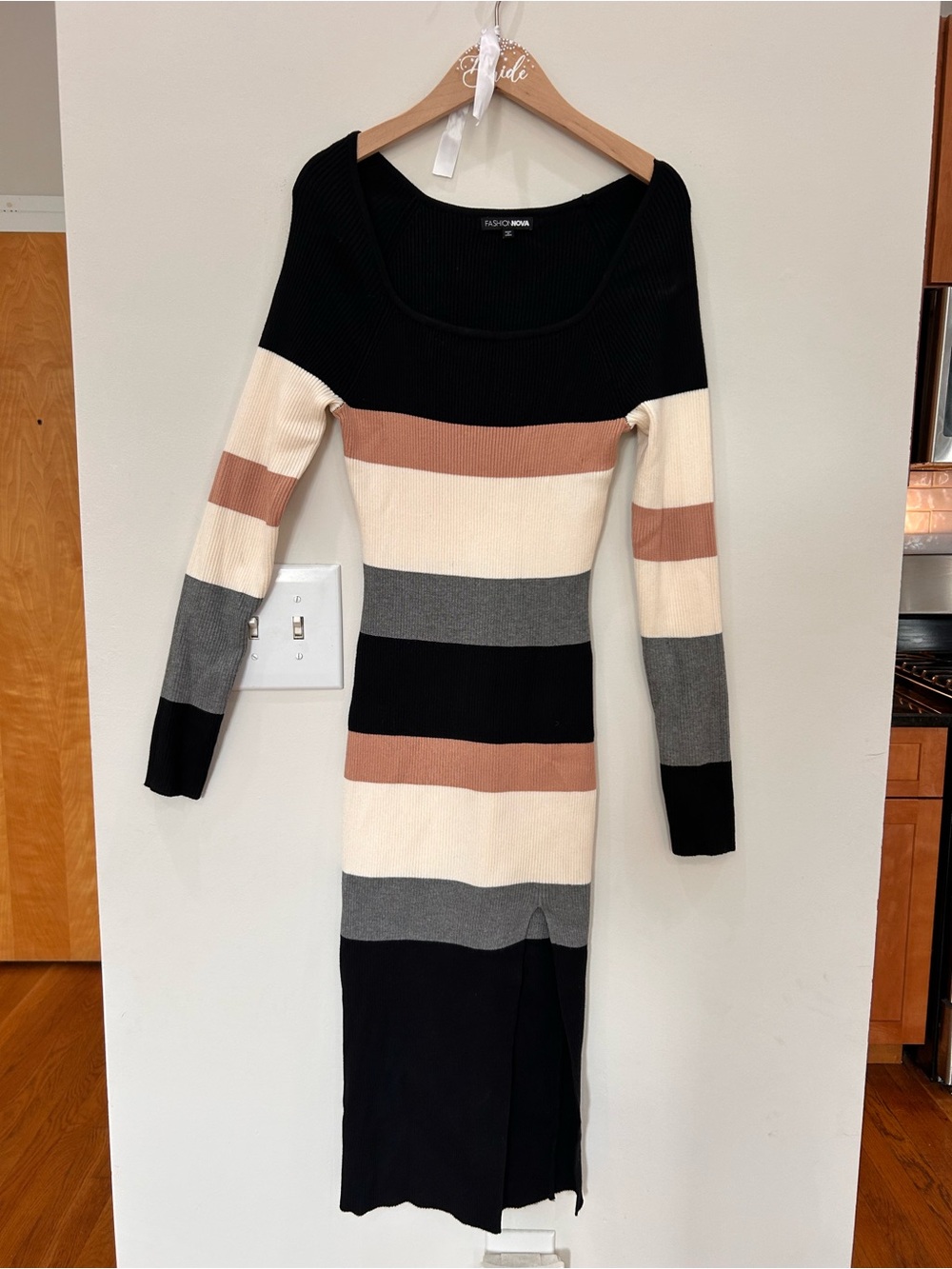 Fashion Nova Black, Cream, Gray & Brown Striped Long Sleeve Bodycon Dress